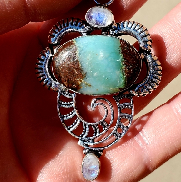 New Chrysoprase & Rainbow Moonstone 925 Silver Pendant - Picture 3 of 16